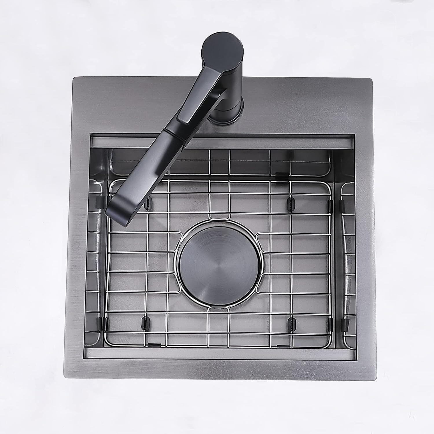 IKEBANA 15x15 Inch Black Drop In Bar Sink Workstation, 16 Gauge Stainless Steel Top Mount Single Bowl Handmade Gunmetal Black Wet Bar Sink for Outdoor Prep RV Laundry with Grid & Cutting Board