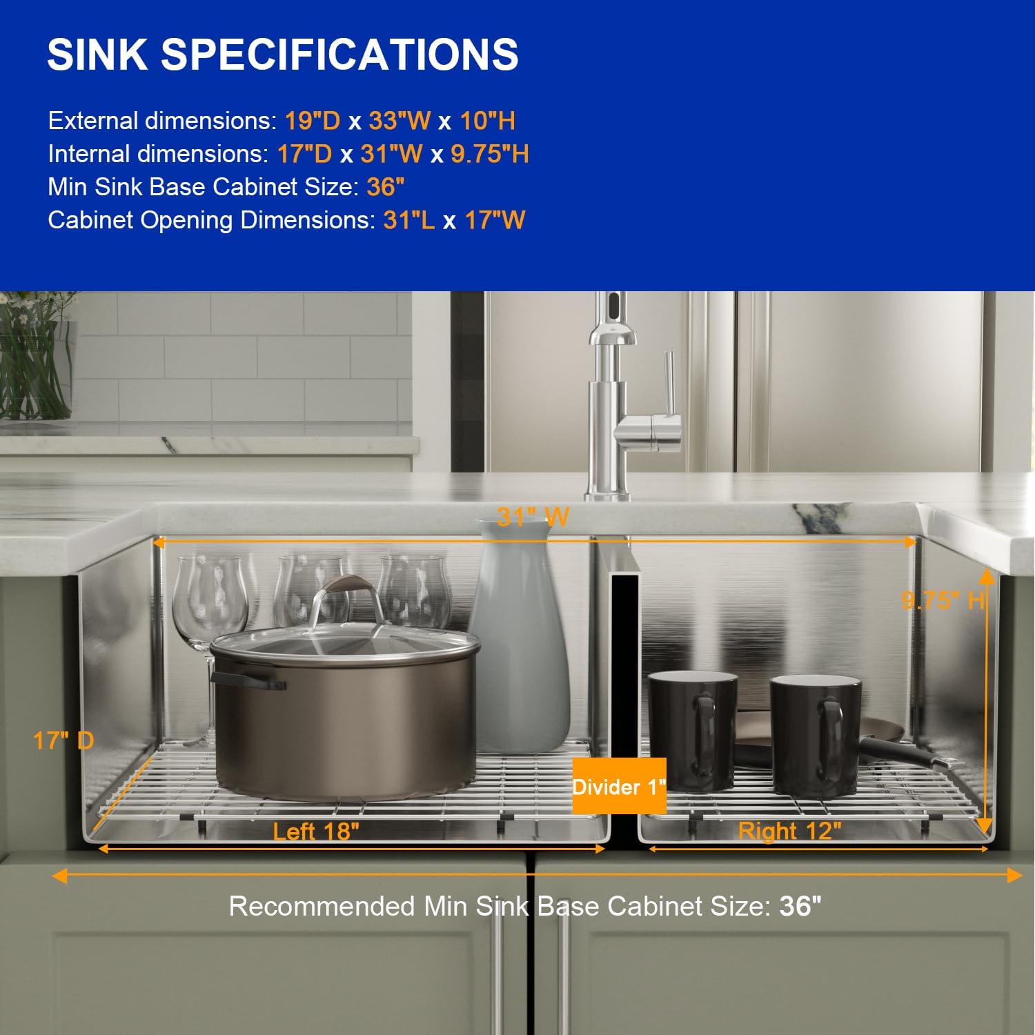 Dcolora 33 Inch Undermount Double Bowl Kitchen Sink 60/40 Split 16 Gauge 304 Stainless Steel Large Double Sinks, 33'x19'x10 Rounder Corner, DC-U7730