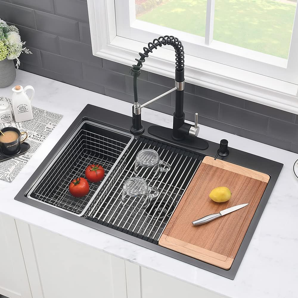 33 Inch Black Drop In Kitchen Sink Workstation-VASOYO 33x22 Kitchen Sink Drop In Black Stainless Steel Top Mount 16 Gauge Deep Single Bowl Overmount Sinks with Cutting Board