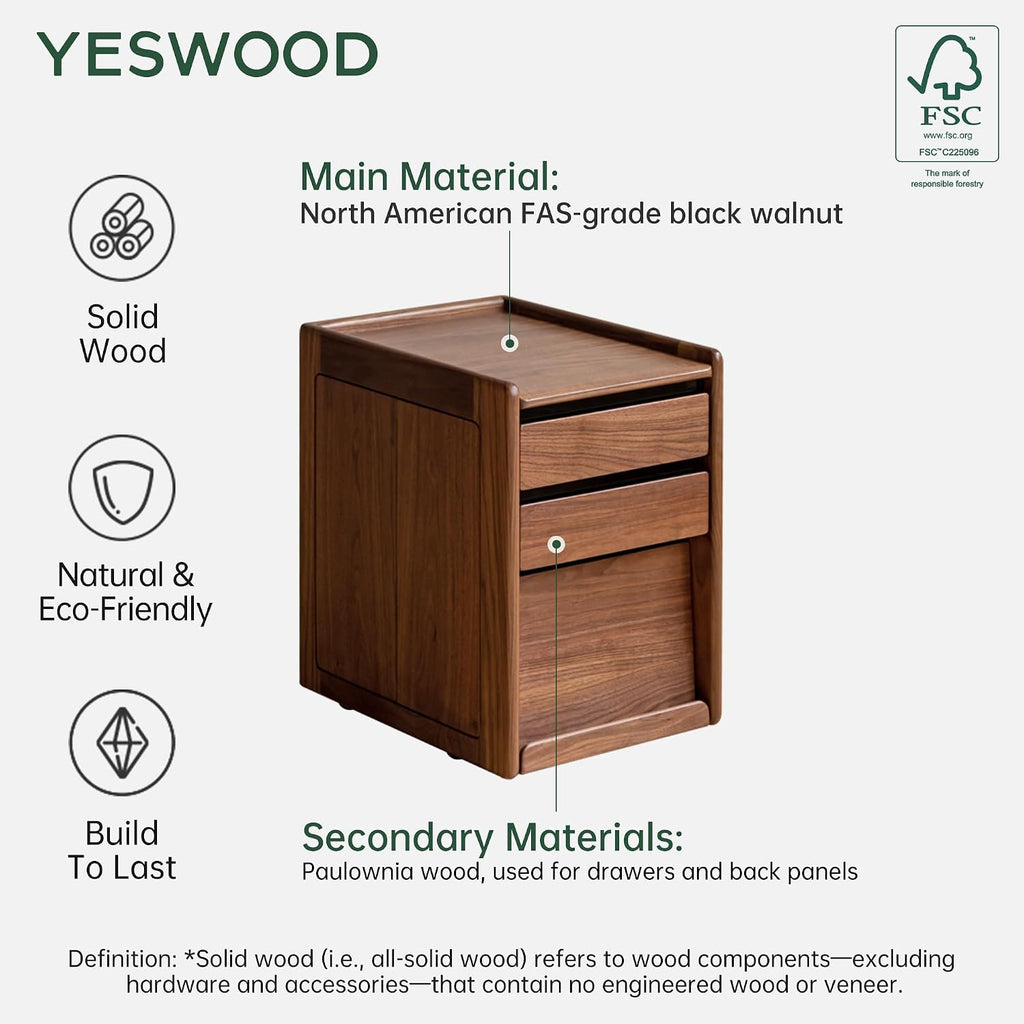 YESWOOD Solid Oak Wood Side Table with Wheels, Rolling Side Table with Storage, Narrow Bed End Tables for Bedroom, Living Room, Study(Natural, 19.69' D x 14.96' W x 22.76' H)