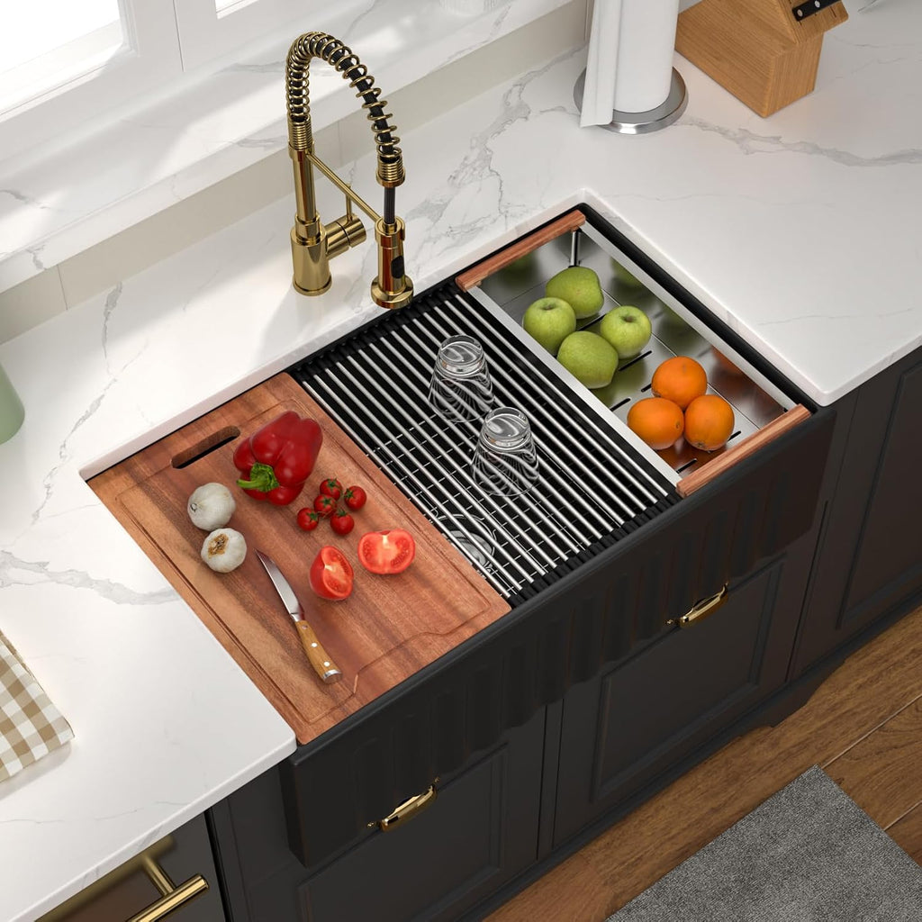 33 Inch Black Farmhouse Sink 33x20x10 Black Fireclay Apron Front Kitchen Sink Single 10 Inch Deep Ceramic Farm Farmer Style Workstation Basin