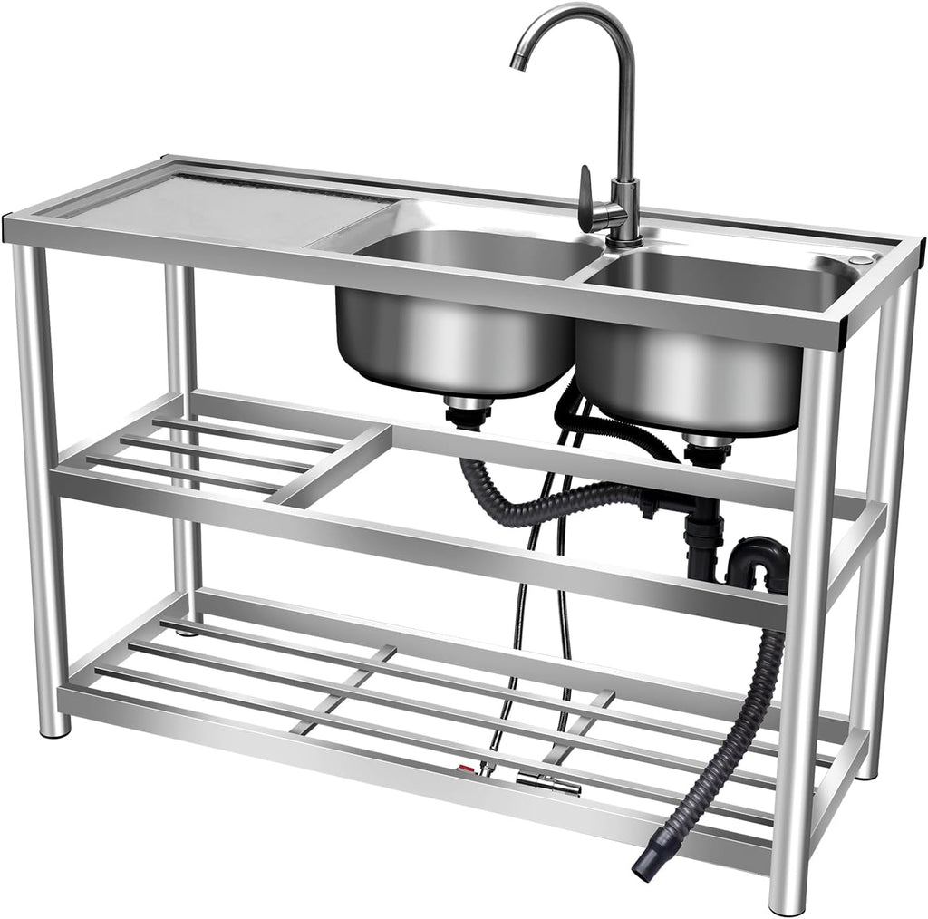 Stainless Steel Utility Sink with Hot & Cold Water Faucet, Freestanding Double Bowl Commercial Sink Set, Outdoor Utility Sink for Kitchen Restaurant Garage(47.2x17.5x31.5in)
