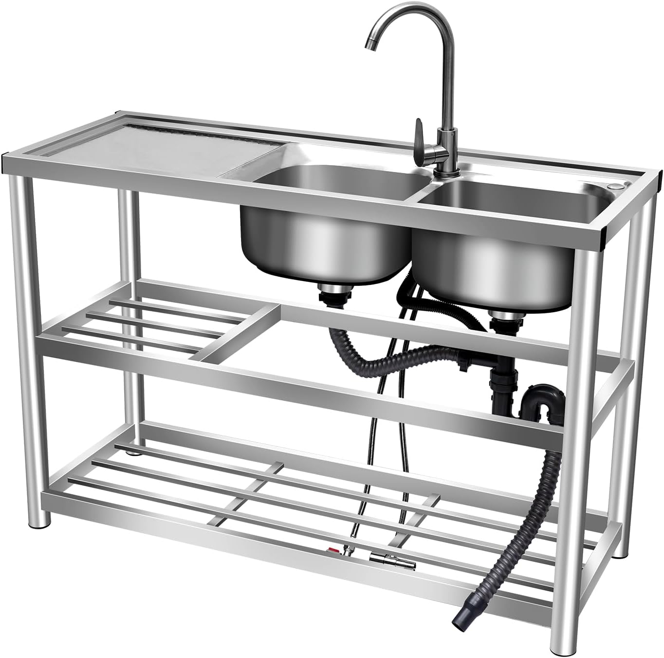 3-Tier Stainless Steel Sink, 2 Compartment Utility Washing Hand Basin, Double Bowl Restaurant Kitchen Sink Set, Commercial Kitchen Flume Set for Homes, Restaurants, Snack Bars