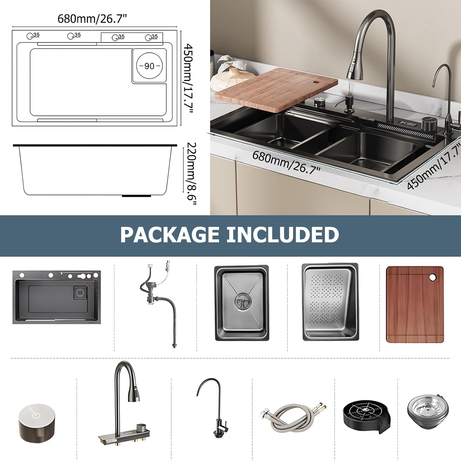 Single Bowl Kitchen Sink Stainless Steel Waterfall Sink with 3 in 1Pull-Out Tap, Chopping Board, and Cup Washer Multi-Functional Bar Sink Drop-in Or Undermount Installation(68x46cm)