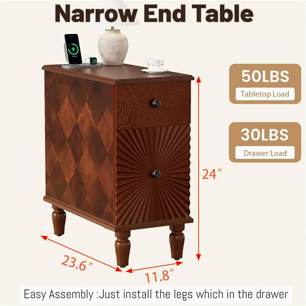 Wood End Table with Charging Station, Fully Assembled Slim Side Table with Drawers, Narrow Nightstand Bedside Table for Small Spaces, Living Room, Bedroom,Walnut