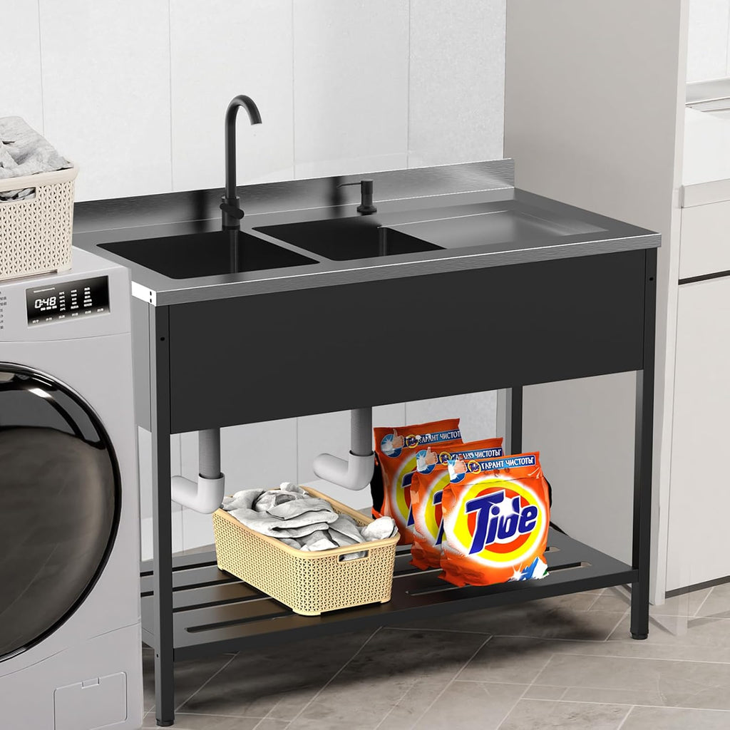 ROVSUN Black Electroplated Stainless Steel Double Bowl Utility Sink, 24'D x 47.5'W x 38.9'H, Heavy-Duty Freestanding Prep & Cleaning Sink with Faucet for Restaurant, Kitchen, Laundry, and Garage Use