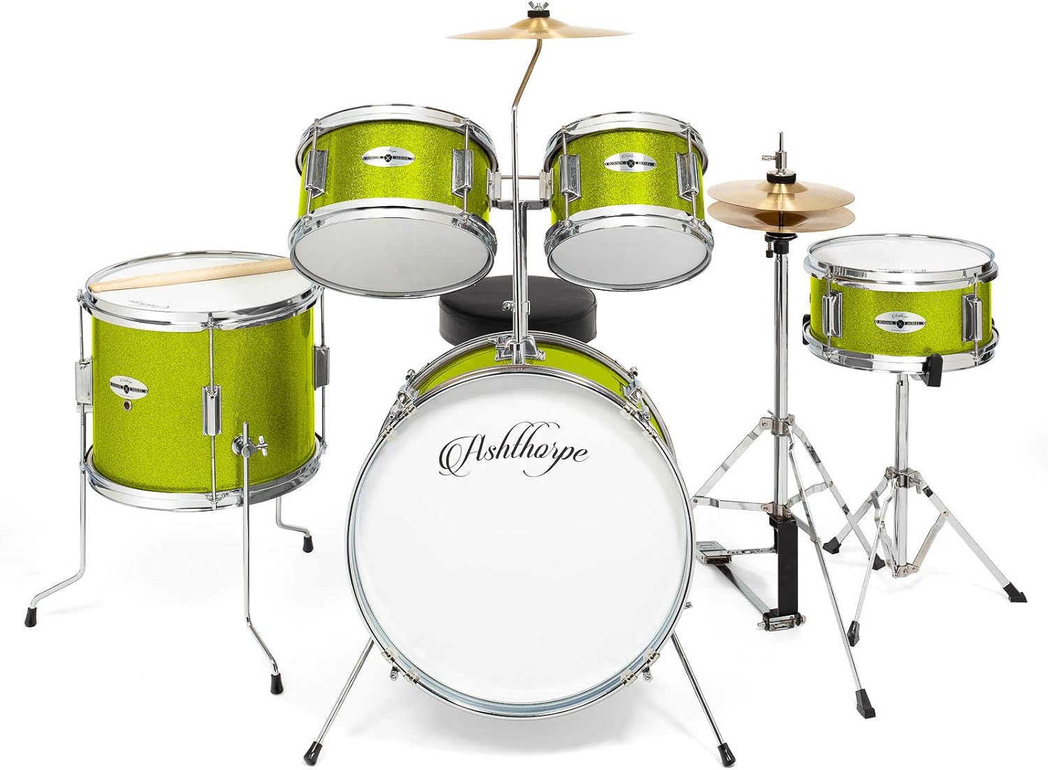 Ashthorpe 5-Piece Complete Junior Drum Set with Genuine Brass Cymbals - Advanced Beginner Kit with 16' Bass, Adjustable Throne, Cymbals, Hi-Hats, Pedals & Drumsticks - Green