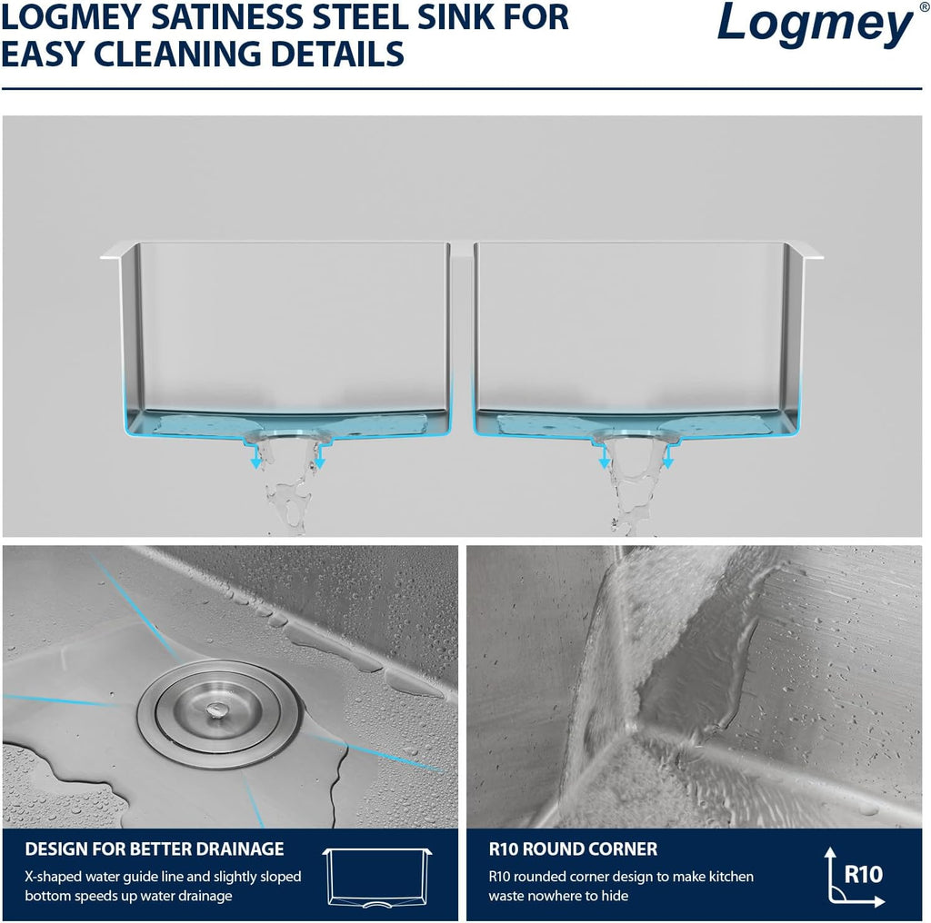 Logmey 33 inch Double Bowl Farmhouse Sink - 33x20 16 Gauge Stainless Steel Farm Sink Apron Front 50/50 Farm Kitchen Sinks