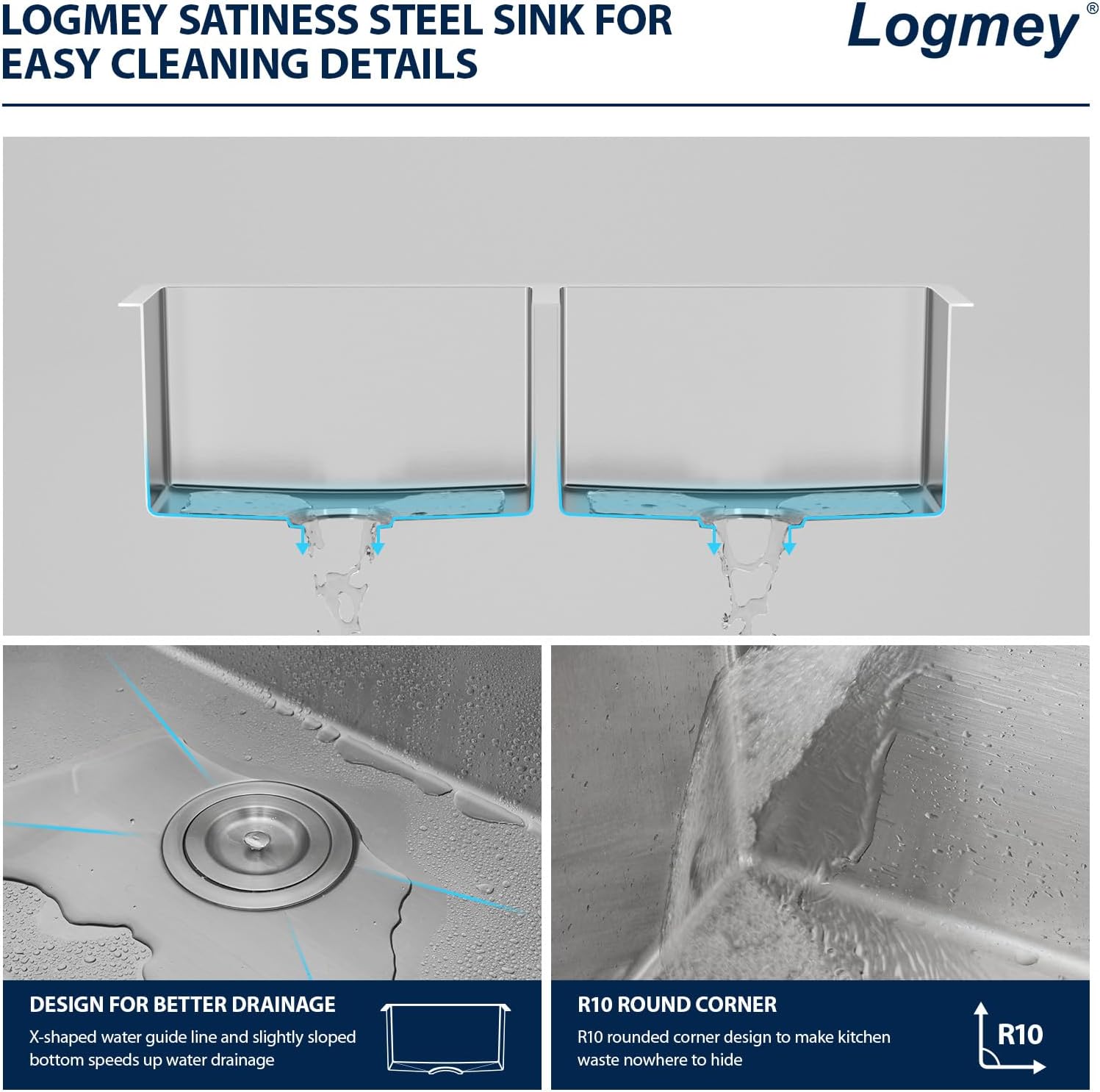 Logmey 33 inch Double Bowl Farmhouse Sink - 33x20 16 Gauge Stainless Steel Farm Sink Apron Front 50/50 Farm Kitchen Sinks