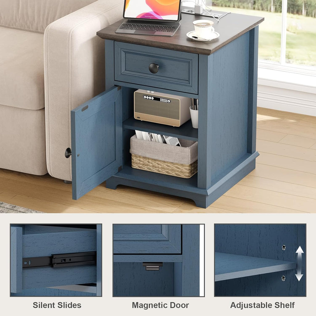 REDAYFUR 24' Tall End Table with Fast Charging Station, Square Side Table with Drawer & Large Storage Cabinet, Vintage Wooden Table for Living Room/Bedroom, Blue