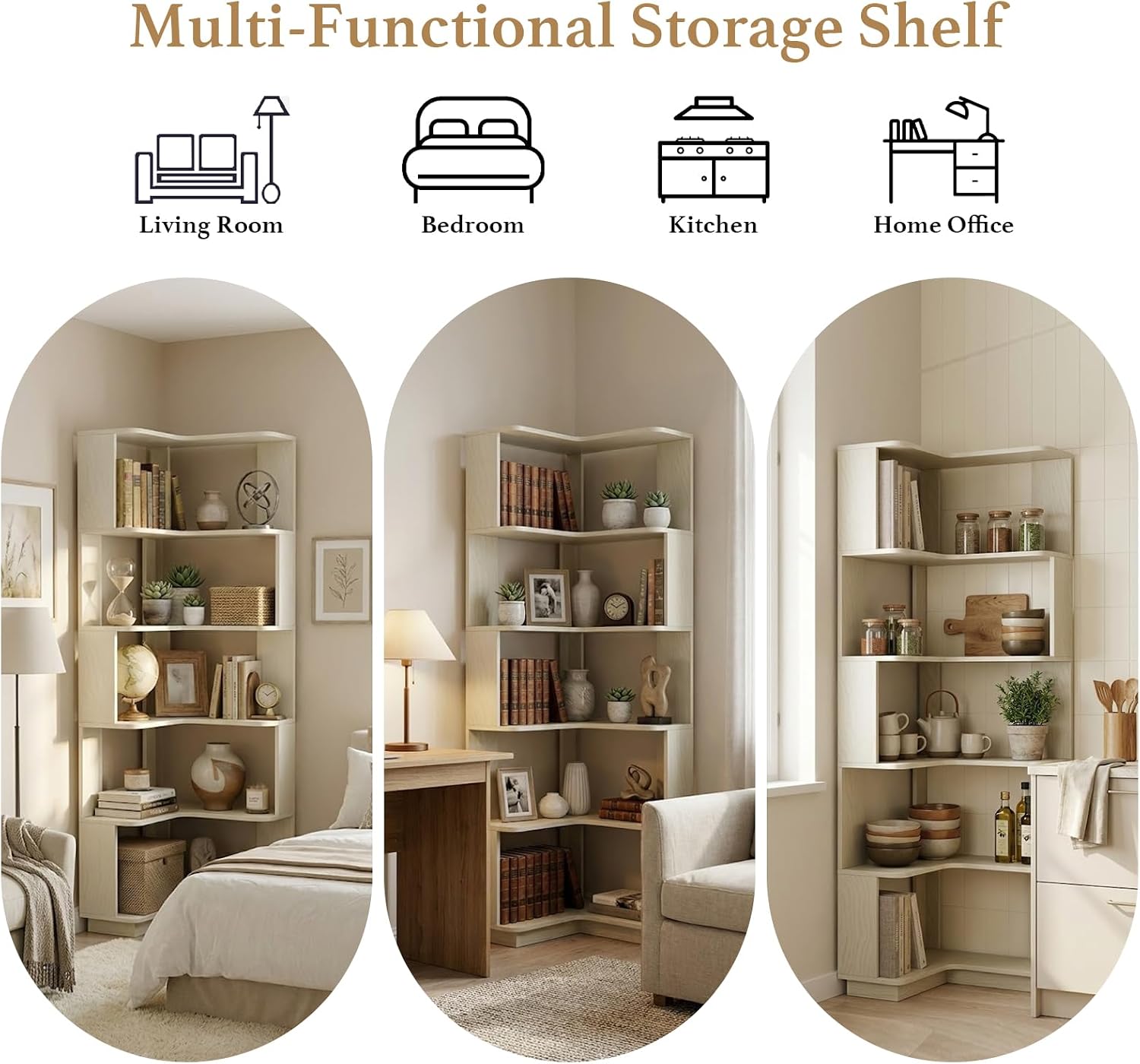 5 Tier Corner Bookshelf, Freestanding L-Shaped Wooden Bookcase with Open Shelves, Anti-Fall Panels and Anti-Tipping Device for Living Room, Bedroom, Home Office (White Oak)
