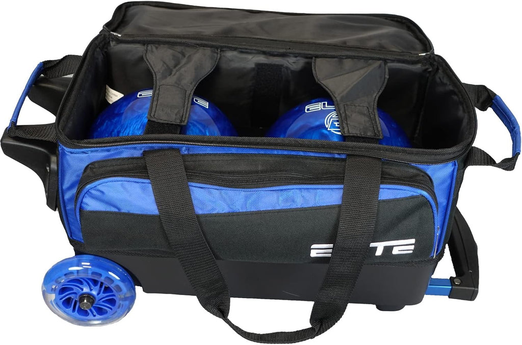 ELITE Deluxe 2 Ball Bowling Bag with 5' Smooth Wheels - Large Accessory Pocket, Shoe Compartment, 36' Extendable Handle