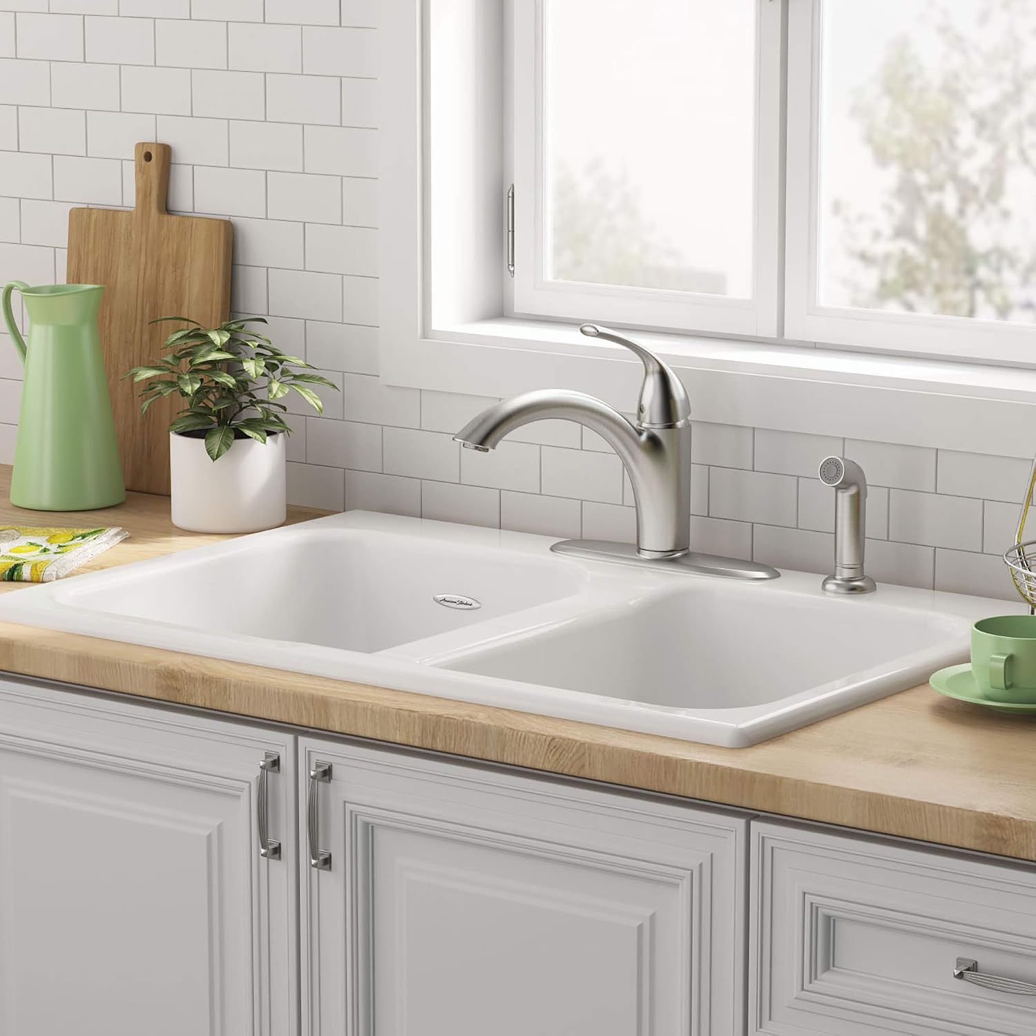 American Standard 77DB33224.308 Quince 33x22 Top Mount Double Bowl Cast Iron Kitchen Sink - 4 Holes,