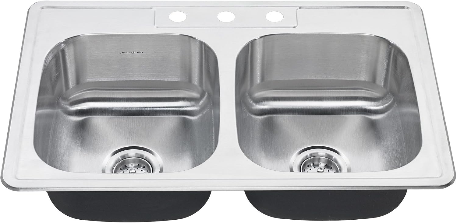 American Standard 20DB.8332283S.075 Colony Top Mount 33x22 Double Bowl Stainless Steel 3-Hole Kitchen Sink