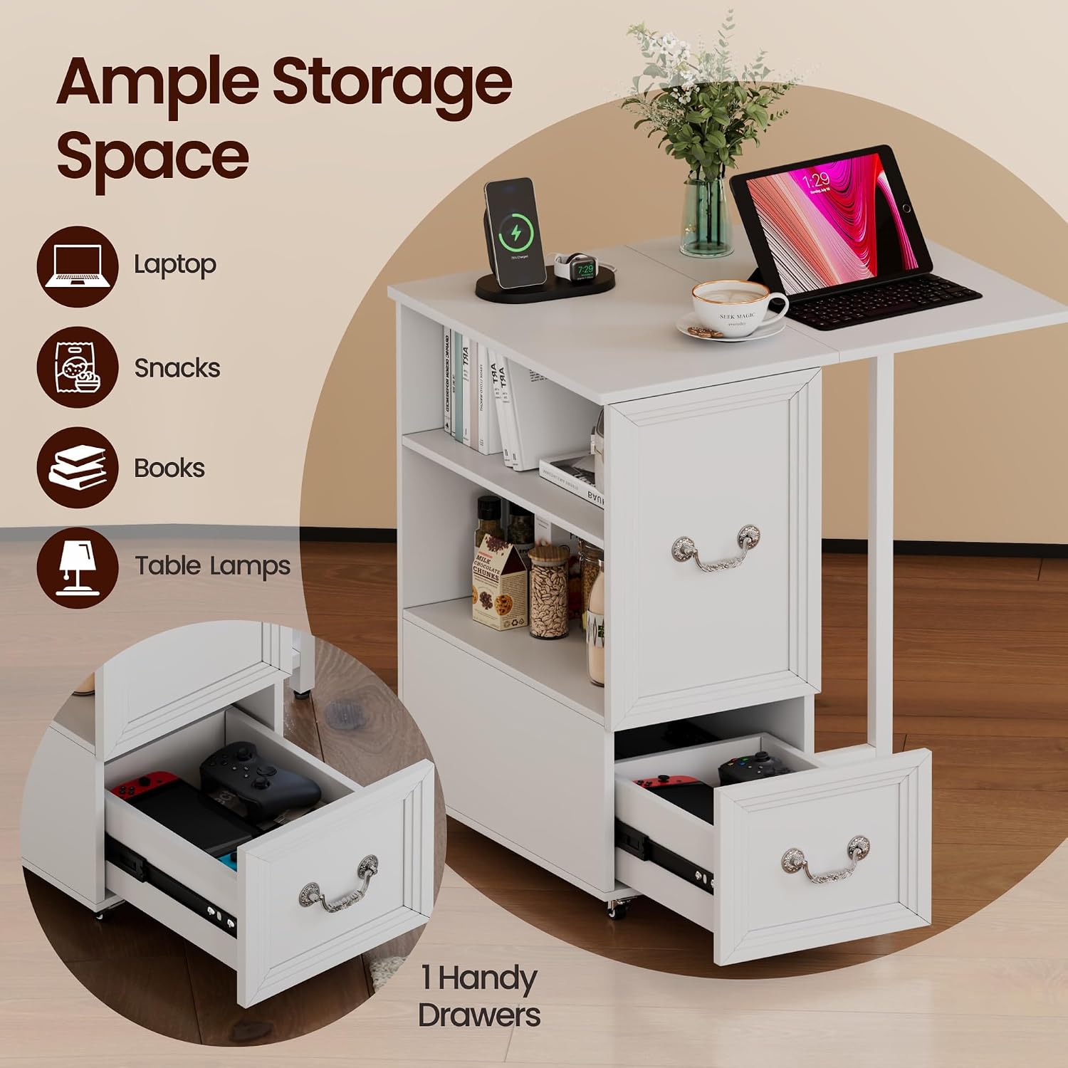 Dystler Side Table Set of 2 with Charging Station and LED Lights, 27.5' Tall Rolling End Table with Drawers and Shelves, Narrow Nightstand with Wheels for Small Space, Living Room, Bedroom, White