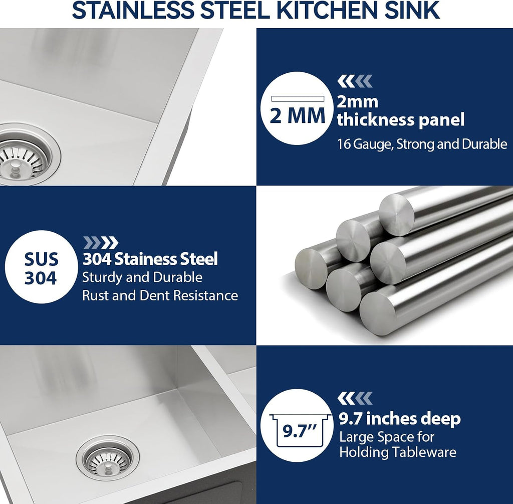 Lordear 28 Inch Undermount Double Bowl Kitchen Sink -16 Gauge Stainless Steel Workstation Sink 50/50 28x19 Double Basin Under Counter Handmade Kitchen Sinks