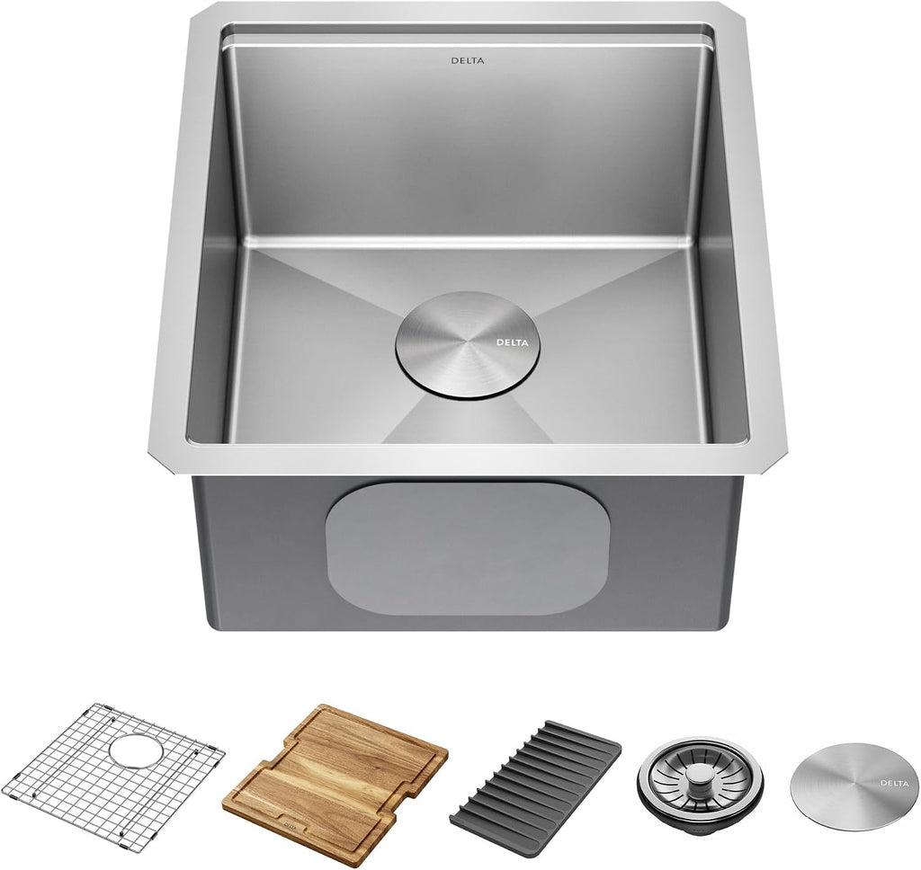 DELTA FAUCET Lorelai 17-inch Workstation Bar Prep Kitchen Sink Undermount 16 Gauge Stainless Steel Single Bowl with WorkFlow Ledge and Kit of 5 Accessories, 95B9032-17S-SS