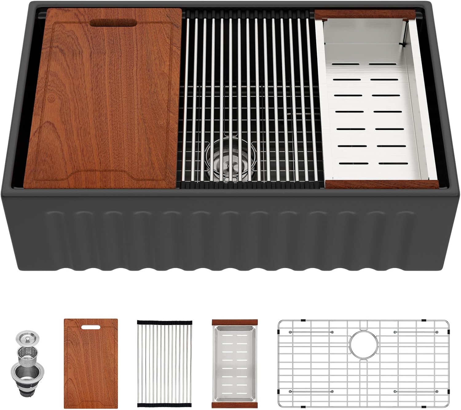 Lordear 33 Black Farmhouse Sink Workstation Porcelain Farm Kitchen Sinks Matte Black Single Bowl Basin 33x20x10 Inch Large Bowl Sink