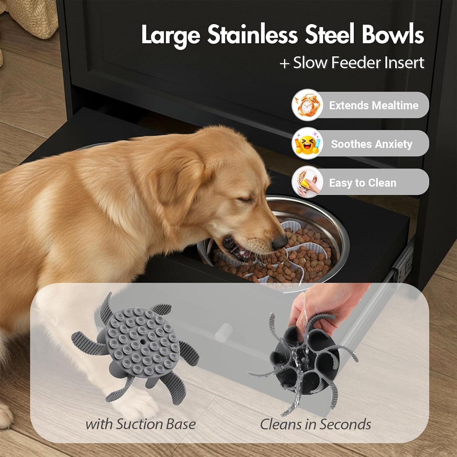 Elevated Dog Feeding Station with Storage Cabinet, 5.3' Pull-Out Hidden Bowls, Dog Food Organizer for Medium Large Dogs with Slow Feeder, Stainless Steel Bowls & Side Hooks (Black)
