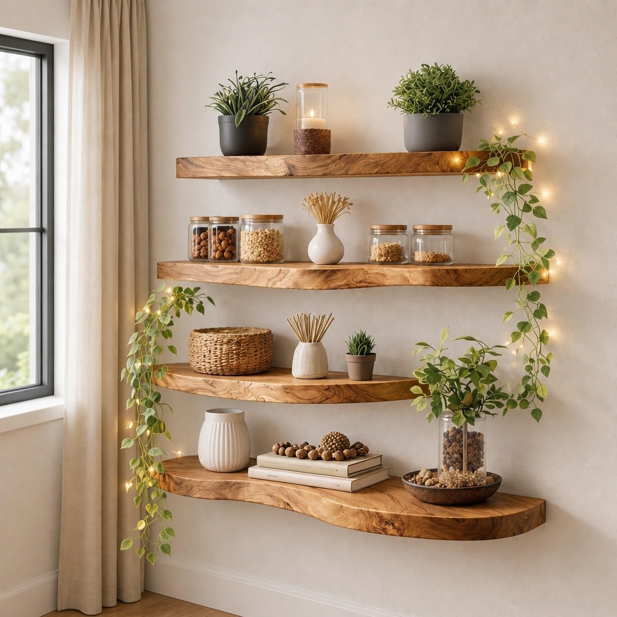 Live Edge Corner Wall Shelf, Solid Wood, Natural Grain, Floating Mount (24' W X 8' D X 1.5' (Inches))