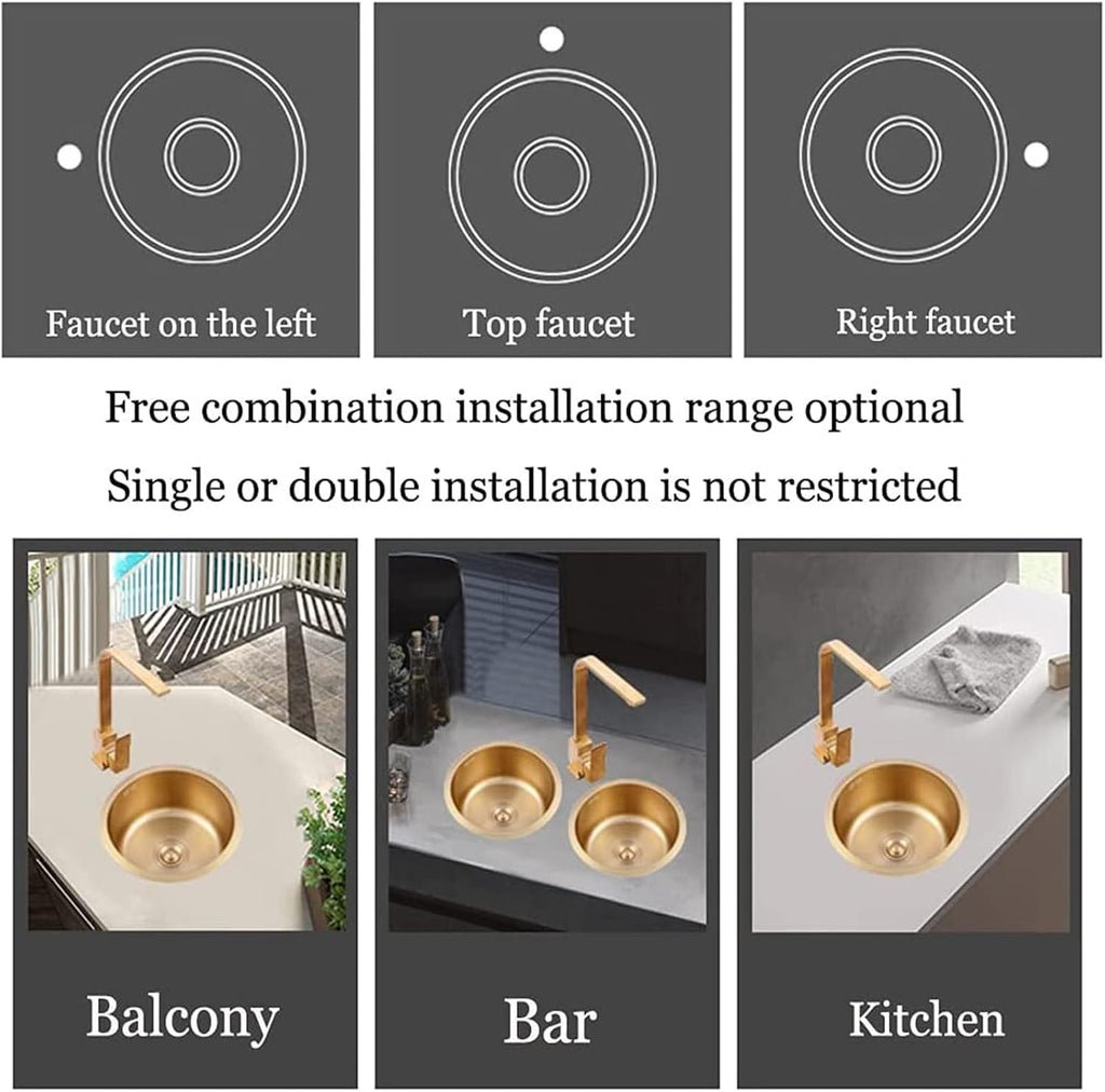 Bar Sink Drop in with Faucet, Small Stainless Steel Sink Faucet Combo Kitchen, Single Bowl Undermount Kitchen Sink,Round Gold Kitchen Sink Kit for Home, Bar, Cafe and Balcony