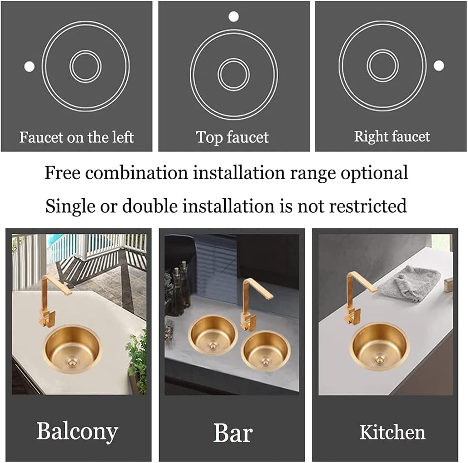 Bar Sink Drop in with Faucet, Small Stainless Steel Sink Faucet Combo Kitchen, Single Bowl Undermount Kitchen Sink,Round Gold Kitchen Sink Kit for Home, Bar, Cafe and Balcony