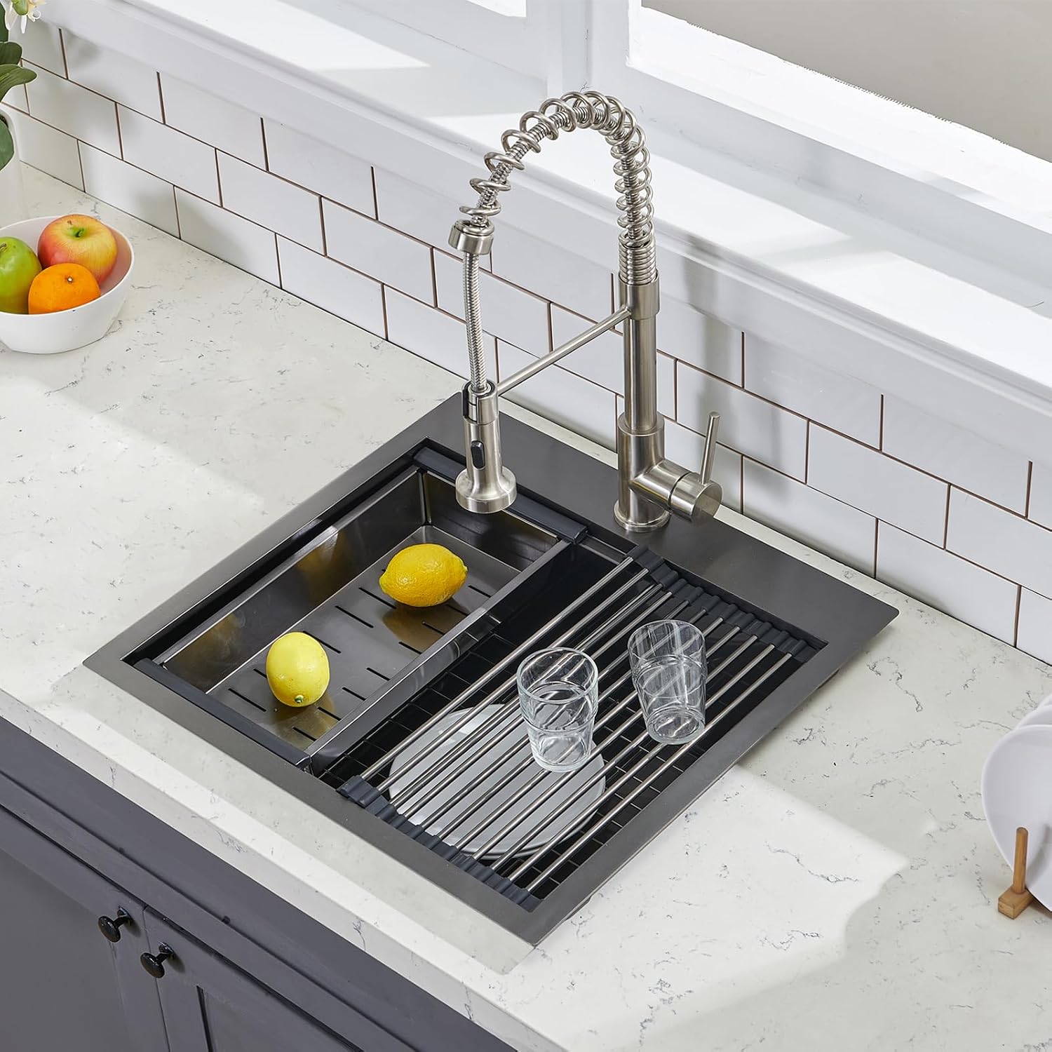SHACO 21 Inch Black Drop In Kitchen Sink, 21x20 Inch Gunmetal Black Top Mount 16 Gauge Stainless Steel Single Bowl Workstation RV Small Kitchen Outdoor Laundry Wet Prep Sink with Accessories