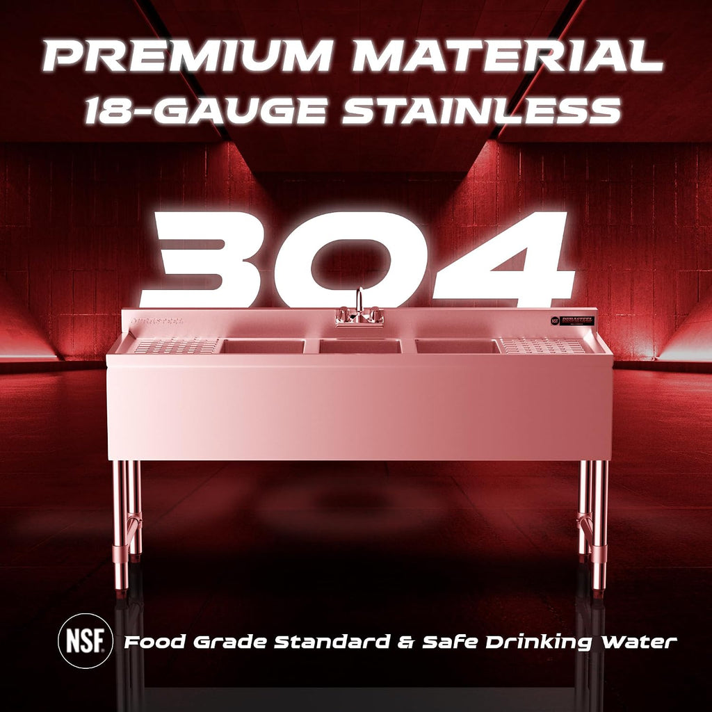 DuraSteel 3 Compartment Under Bar Sink - CEC & NSF 304 Stainless Steel 3 Bay Utility Sink with No Lead Faucet - 60' L x 19' W x 33' H - Double Drainboard Commercial Restaurant Grade