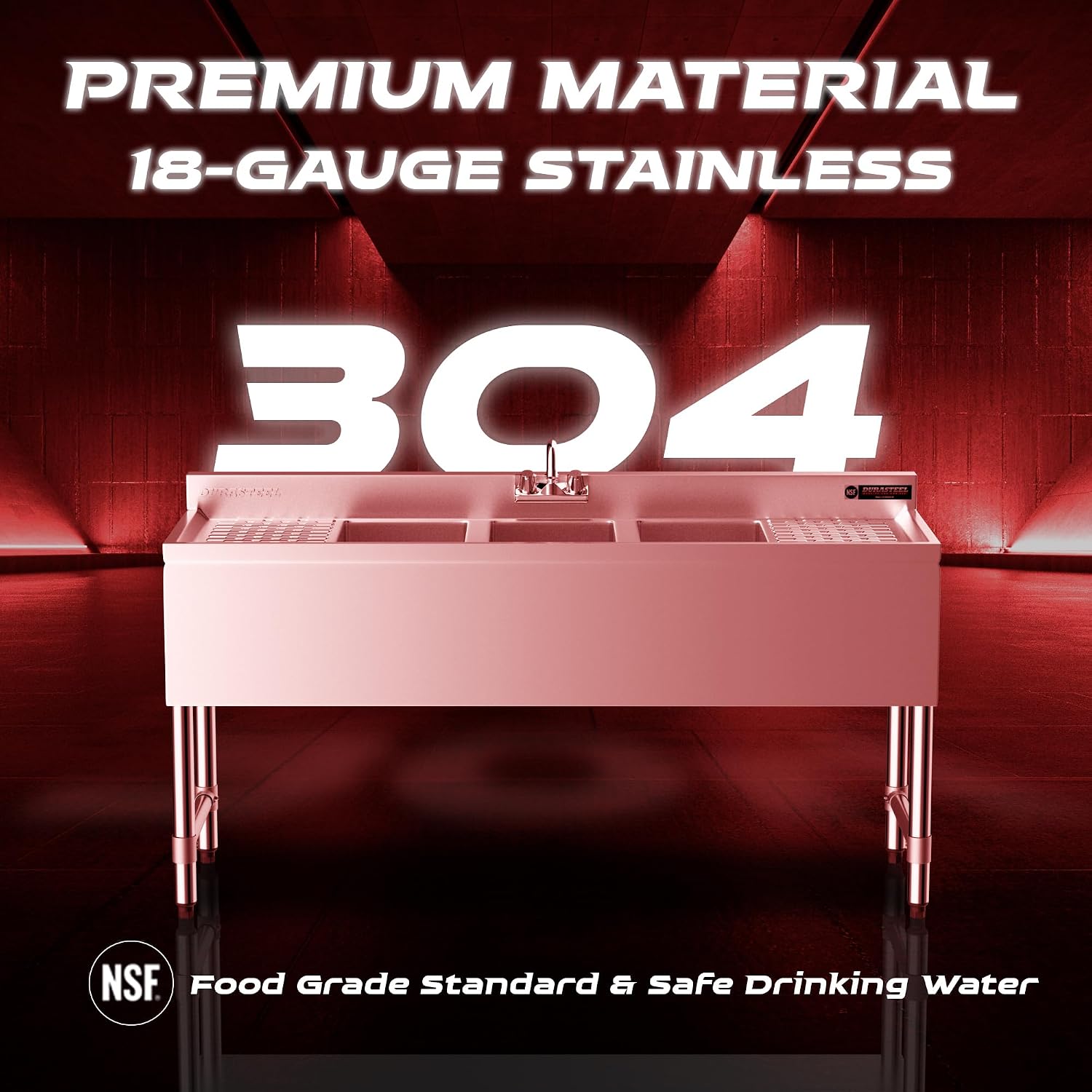 DuraSteel 3 Compartment Under Bar Sink - CEC & NSF 304 Stainless Steel 3 Bay Utility Sink with No Lead Faucet - 60' L x 19' W x 33' H - Double Drainboard Commercial Restaurant Grade