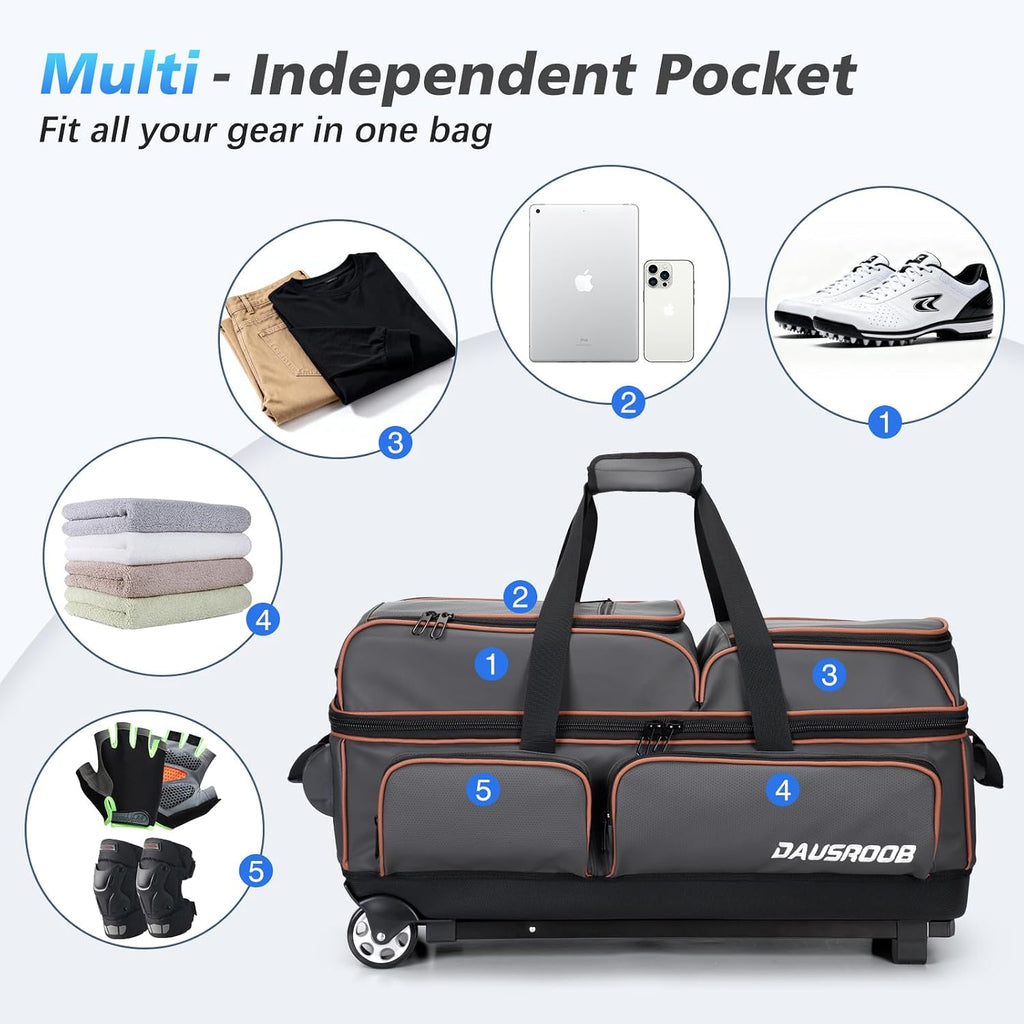 3 Ball Bowling Bags with Wheels, Bowling Bags 3 Ball Roller - 900D Oxford Waterproof PU, Bowling Bag with Multi-Separate Storage Pockets & Retractable Handle Extends to 40''