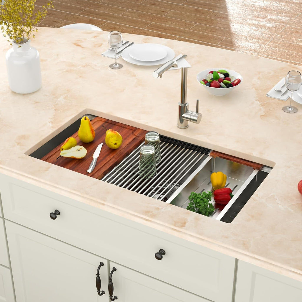33x19 Undermount Kitchen Sink- 33 Inch Workstation Sinks 304 16 Gauge Stainless Steel Single Bowl 9' Deep Basin 33x19x9