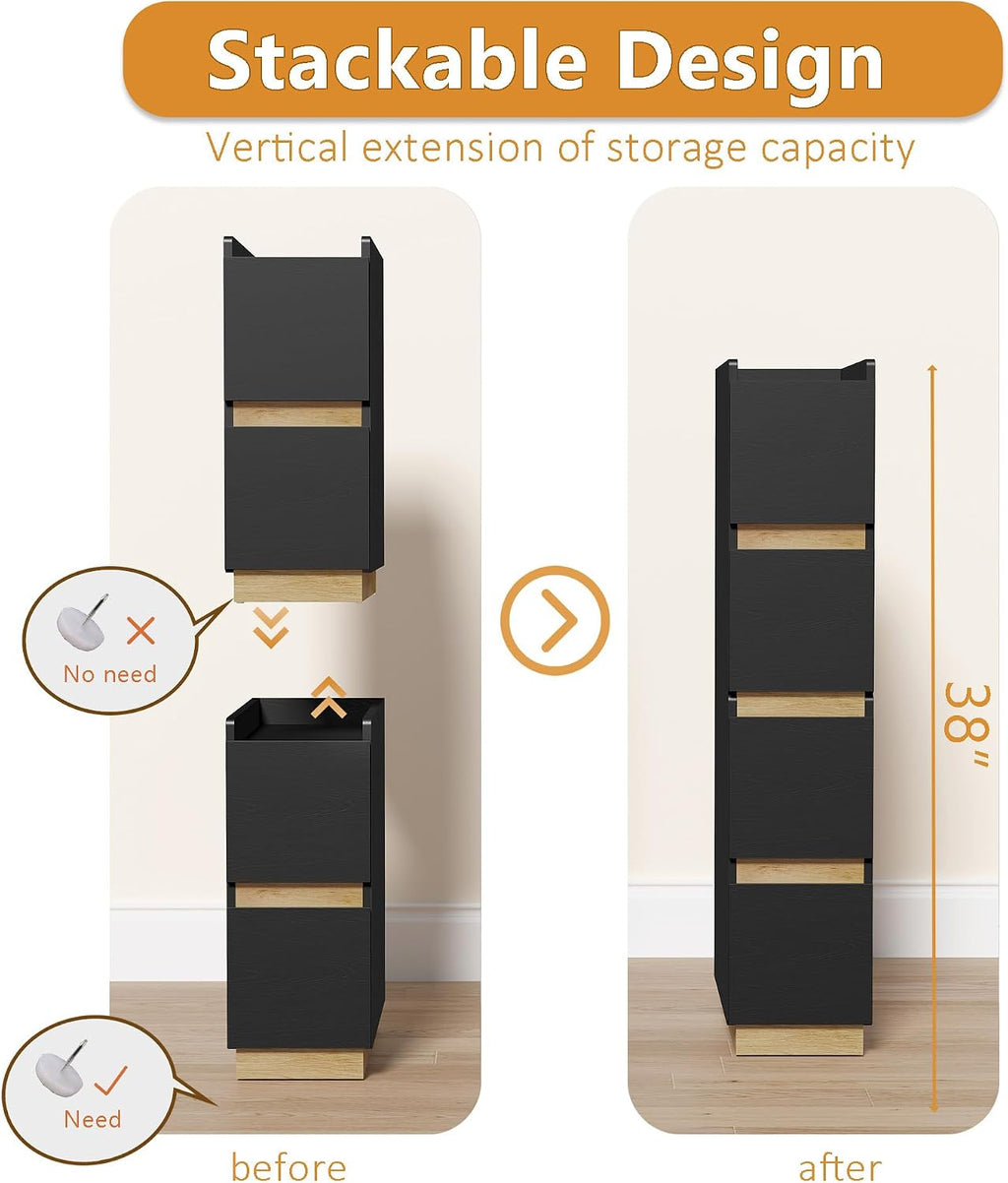Narrow Night Stands, Modern Slim Nightstand Set of 2, Wooden Skinny Bedside Table 2 Drawers, Stackable Narrow Side Table with Drawers for Small Spaces, Bedroom, Living Room, Black