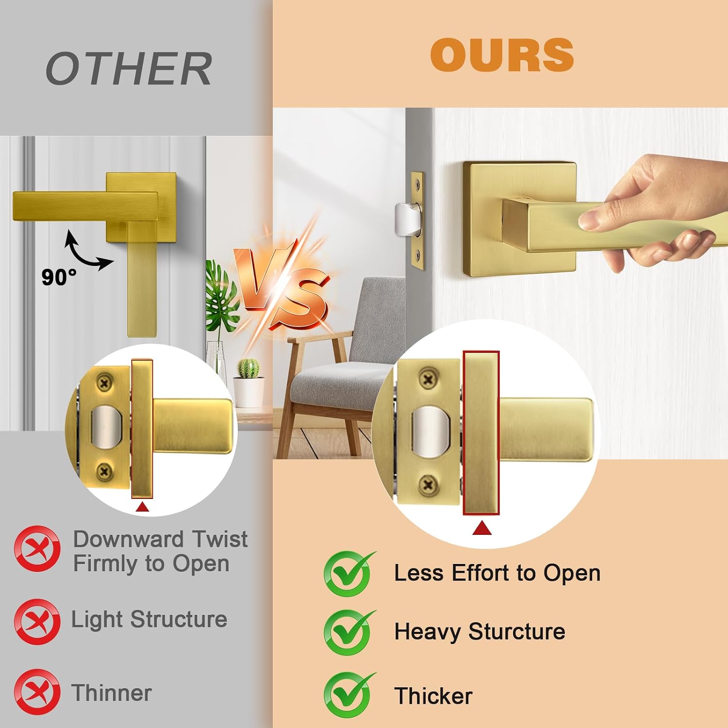 Probrico Interior Non-Locking Passage Door Handles 8 Pack, Gold Square Door Levers for Closet Hallway