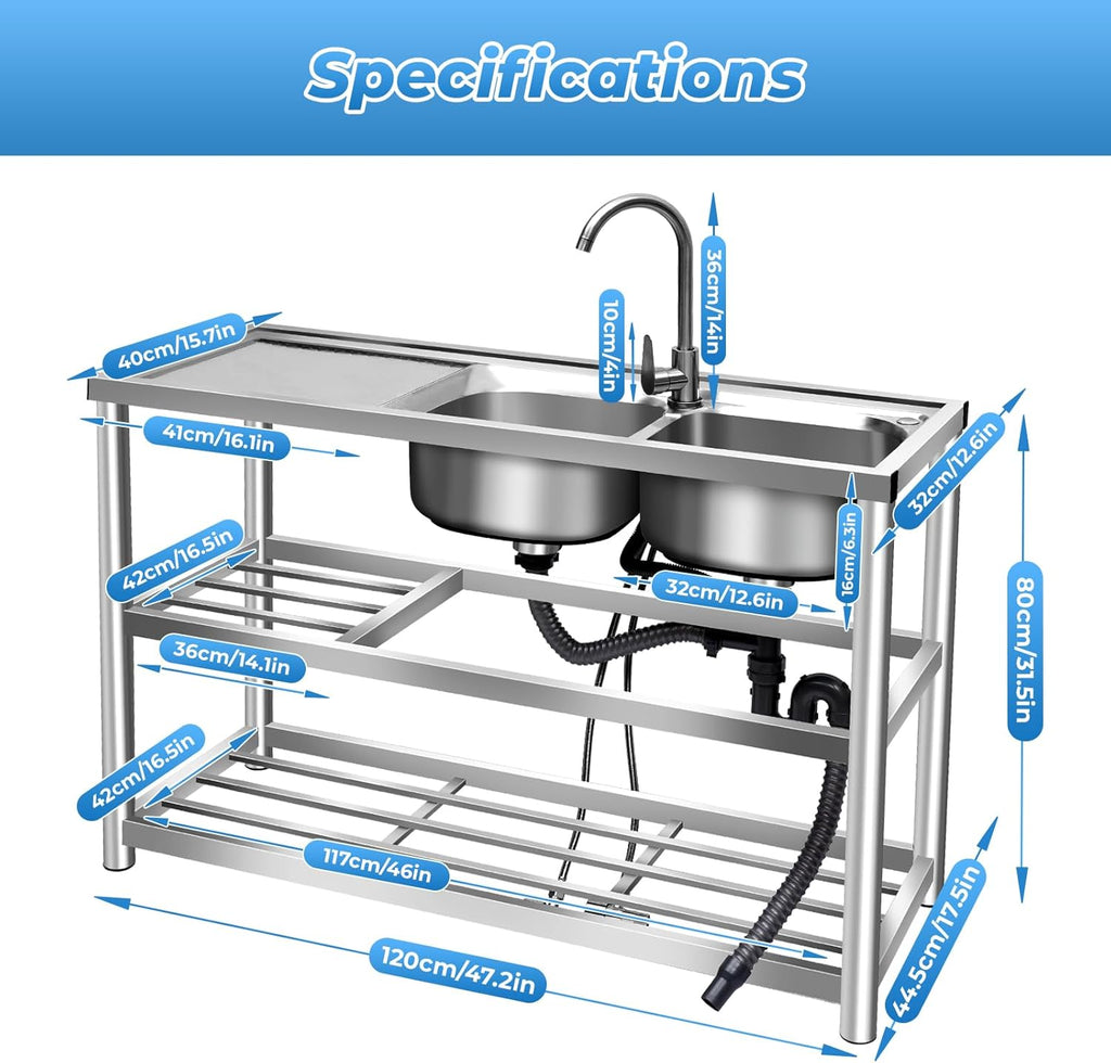 Utility Sink, 3 Layers 2 Compartment Stainless Steel Commercial Kitchen Outdoor Sink with Drainboard & Hot and Cold Faucet Free Standing Kitchen Sinks Set for Restaurant, 47' x 17.5' x 31.5'