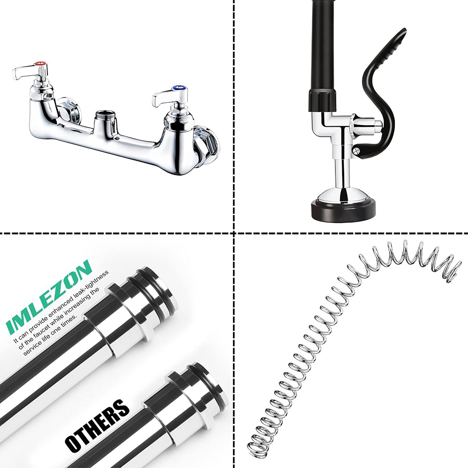 Commercial Faucet with Sprayer 21' Height 8' Center Wall Mount Kitchen Sink Faucet Brass Constructed Polished Chrome Pre-Rinse Device with Spring and 8' Add-on Spout