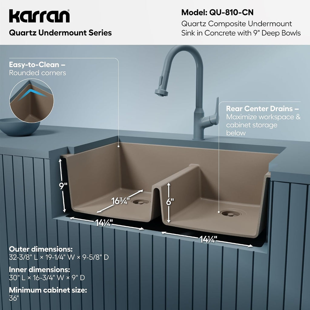 Karran 32' Quartz Composite Undermount Double Bowl Kitchen Sink with Low Divider – 50/50 Equal Bowl, 80% Natural Quartz, 535°F Heat Resistant, Sound Dampening, Concrete Color, QU-810