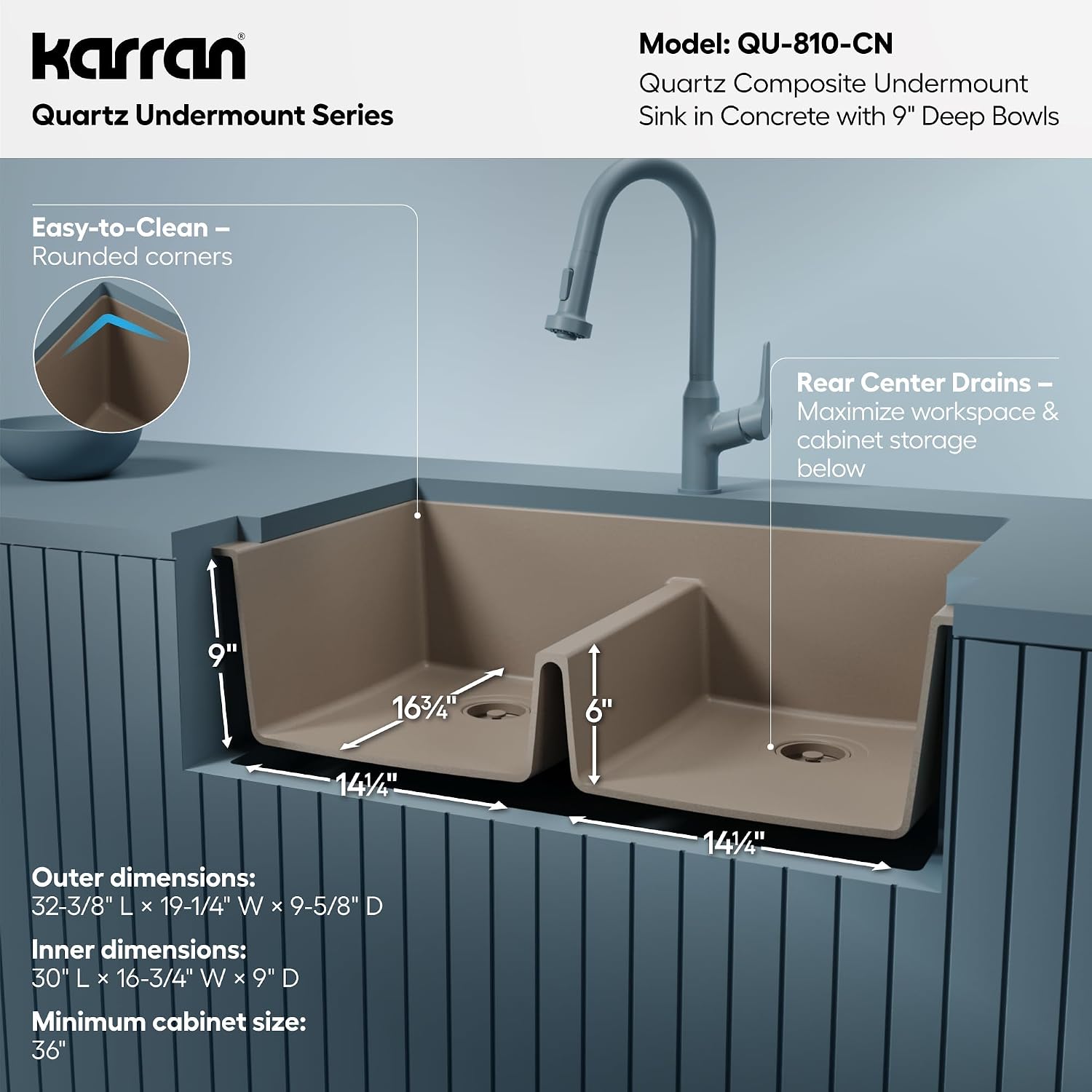 Karran 32' Quartz Composite Undermount Double Bowl Kitchen Sink with Low Divider – 50/50 Equal Bowl, 80% Natural Quartz, 535°F Heat Resistant, Sound Dampening, Concrete Color, QU-810