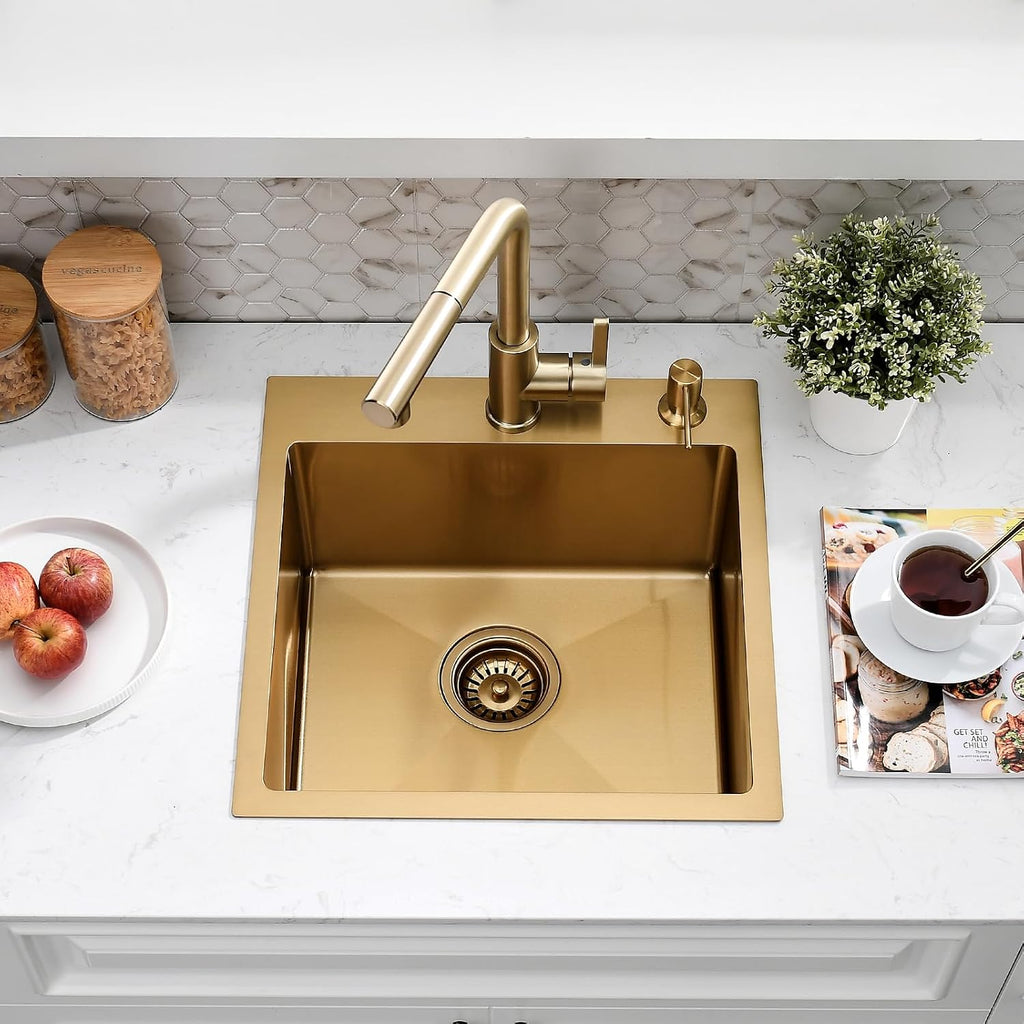 15 Inch Drop In Bar Sink with Faucet Combo | Gold Stainless Steel, Topmount Single Bowl, Durable Modern Design | Small Sink for RV, Bar Prep & Small Kitchens