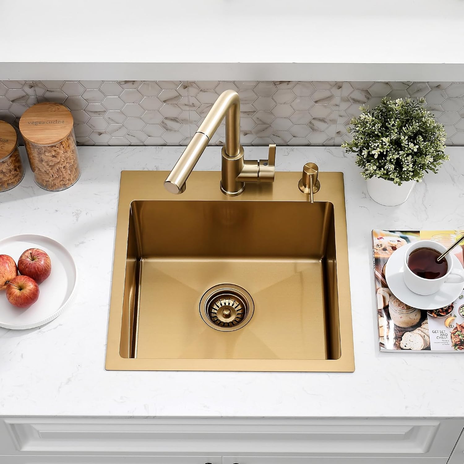 15 Inch Drop In Bar Sink with Faucet Combo | Gold Stainless Steel, Topmount Single Bowl, Durable Modern Design | Small Sink for RV, Bar Prep & Small Kitchens
