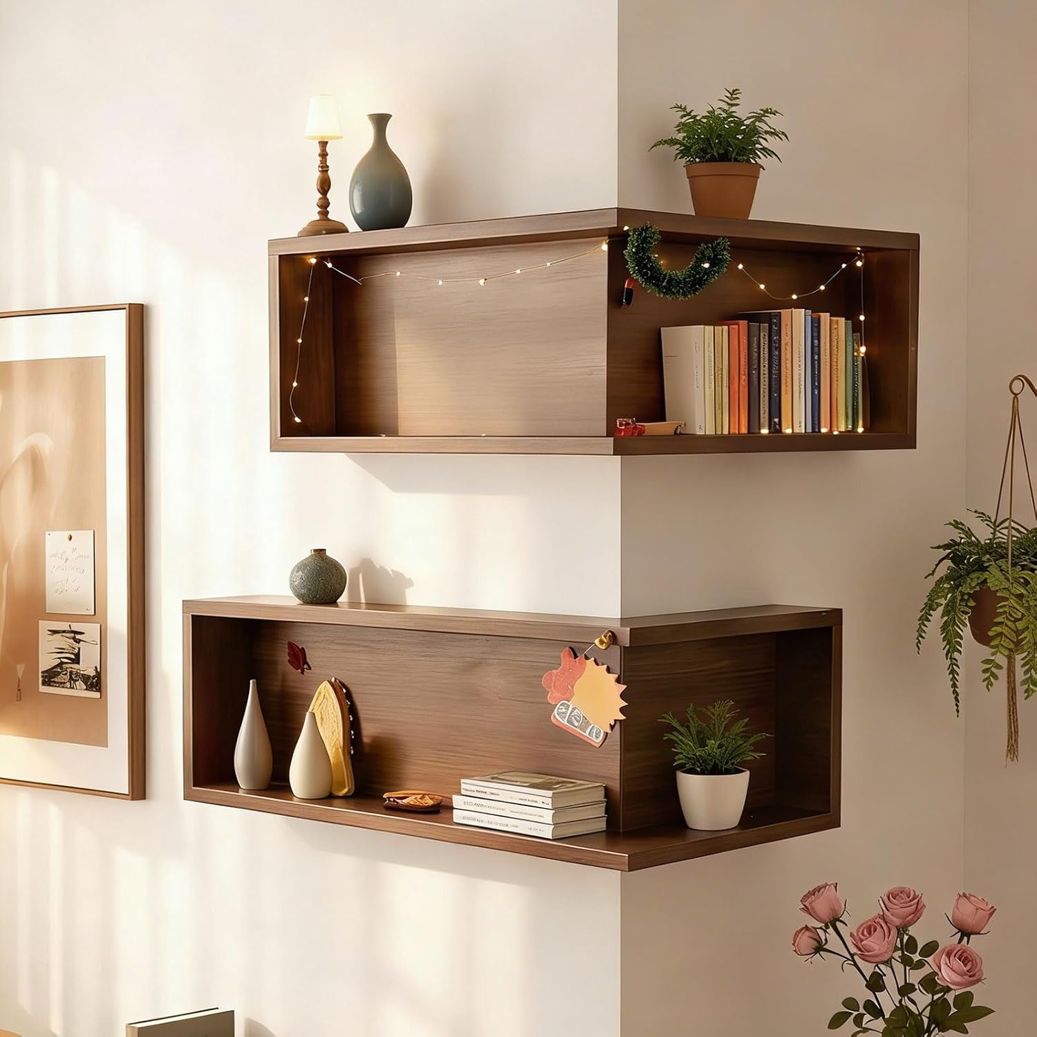 Floating Corner Shelves, Wall Mounted Display Shelf for Collectibles, Books, Plants, Space-Saving Corner Storage Rack for Bedroom, Living Room, Home Decor(1 Pack,L-Shape 30 x 60 x 20 cm)