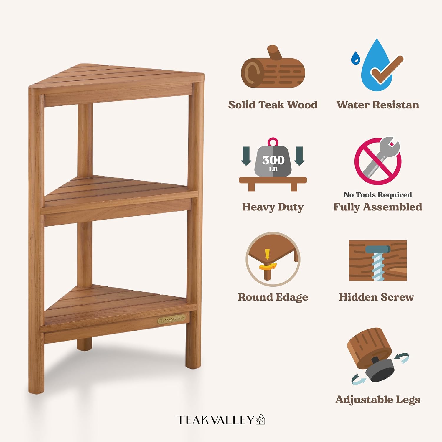 Fully Assembled Teak Corner Bath Shower Storage Stand, Corner Shelves, Shower Caddy 26.5'