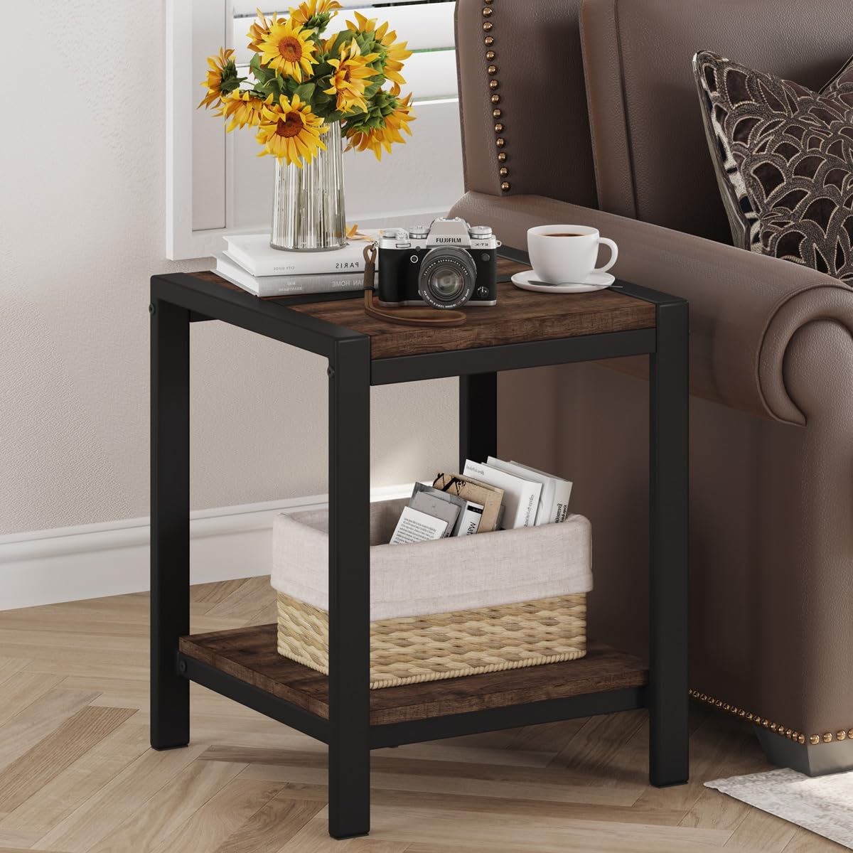 BON AUGURE End Table Set of 2, Small Side Table for Living Room, Night Stand, Bedside Tables with 2-Tier Storage Shelves for Bedroom, Small Spaces (Rustic Oak)