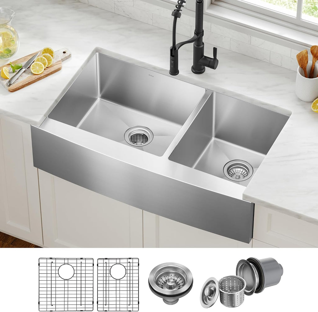 Kraus KHF203-36 Standart PRO Kitchen Stainless Steel Sink, 36 Inch Round Apron 60/40 Double Bowl