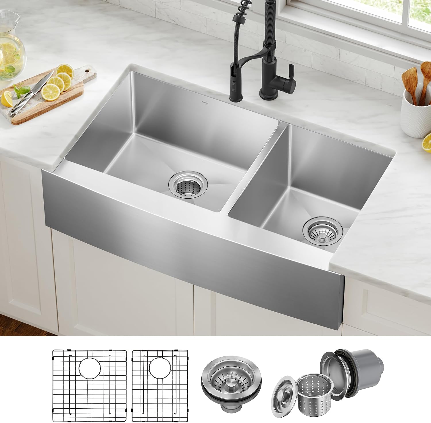Kraus KHF203-36 Standart PRO Kitchen Stainless Steel Sink, 36 Inch Round Apron 60/40 Double Bowl