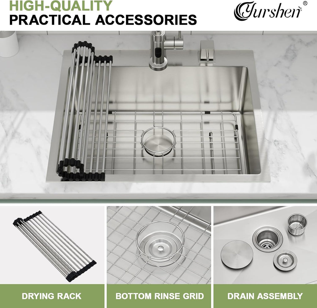 25 Inch Drop In Kitchen Sinks, 25'x22'x9' Topmount Stainless Steel Kitchen Sinks 16 Gauge 304 Drop Single Bowl Sink Basin R10 Corners, YST341