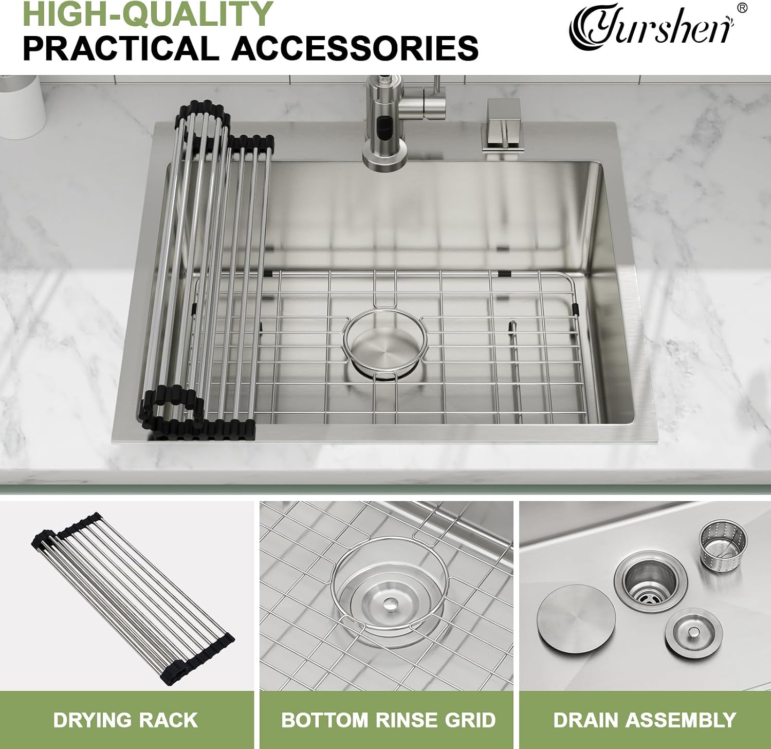 25 Inch Drop In Kitchen Sinks, 25'x22'x9' Topmount Stainless Steel Kitchen Sinks 16 Gauge 304 Drop Single Bowl Sink Basin R10 Corners, YST341