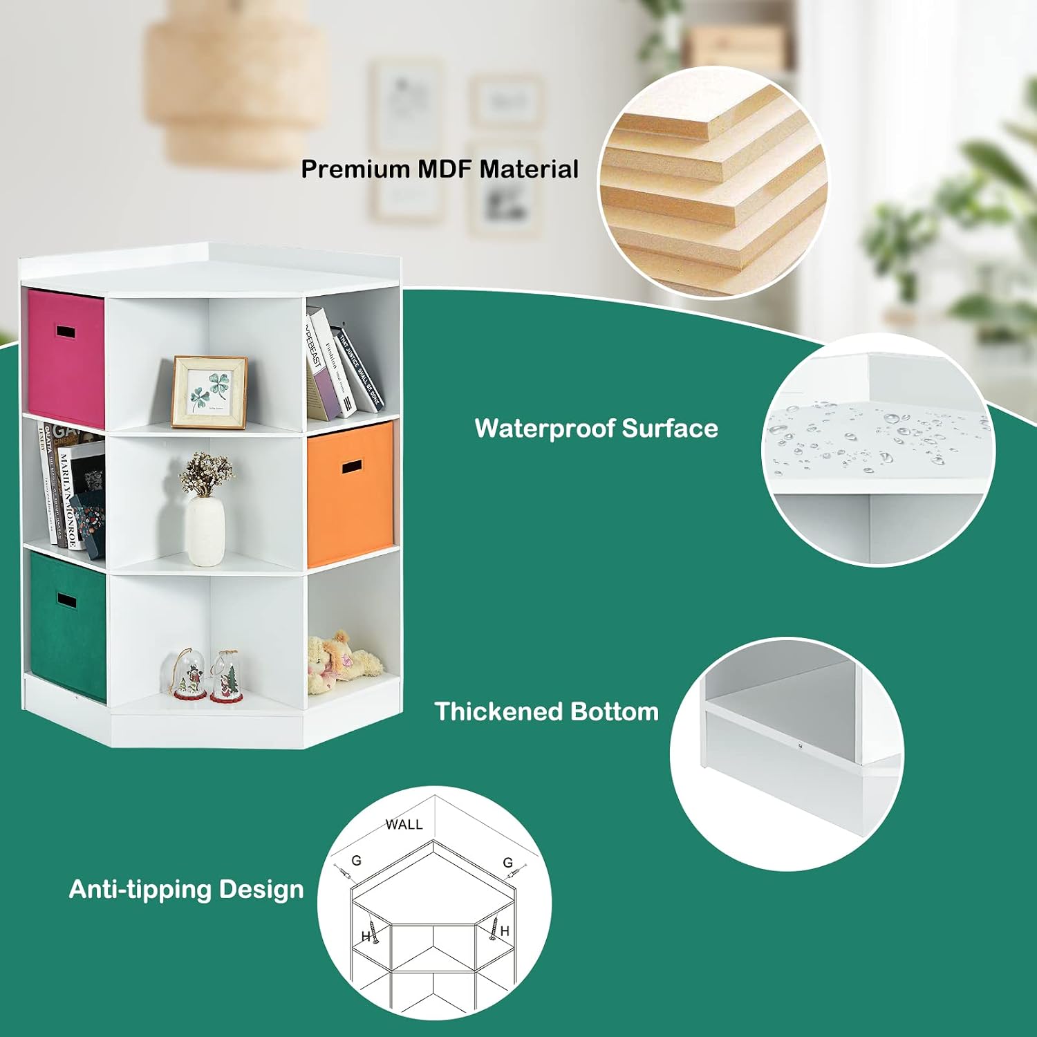 Costzon 9-Cubby Kids Bookcase with Large Storage Drawers, Children's Corner Cabinet with 6 Cubes and 3 Shelves, Wooden Storage Sideboard Suitable for Kids Room Playroom Classroom (White)
