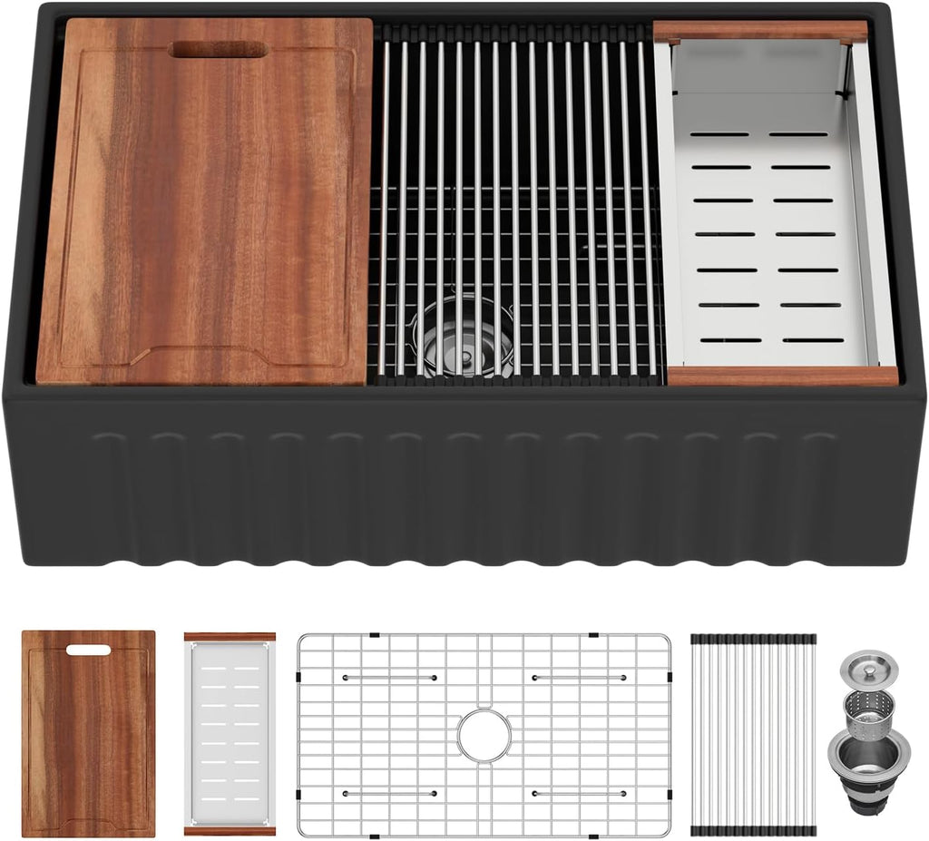33 Inch Black Farmhouse Sink 33x20x10 Black Fireclay Apron Front Kitchen Sink Single 10 Inch Deep Ceramic Farm Farmer Style Workstation Basin