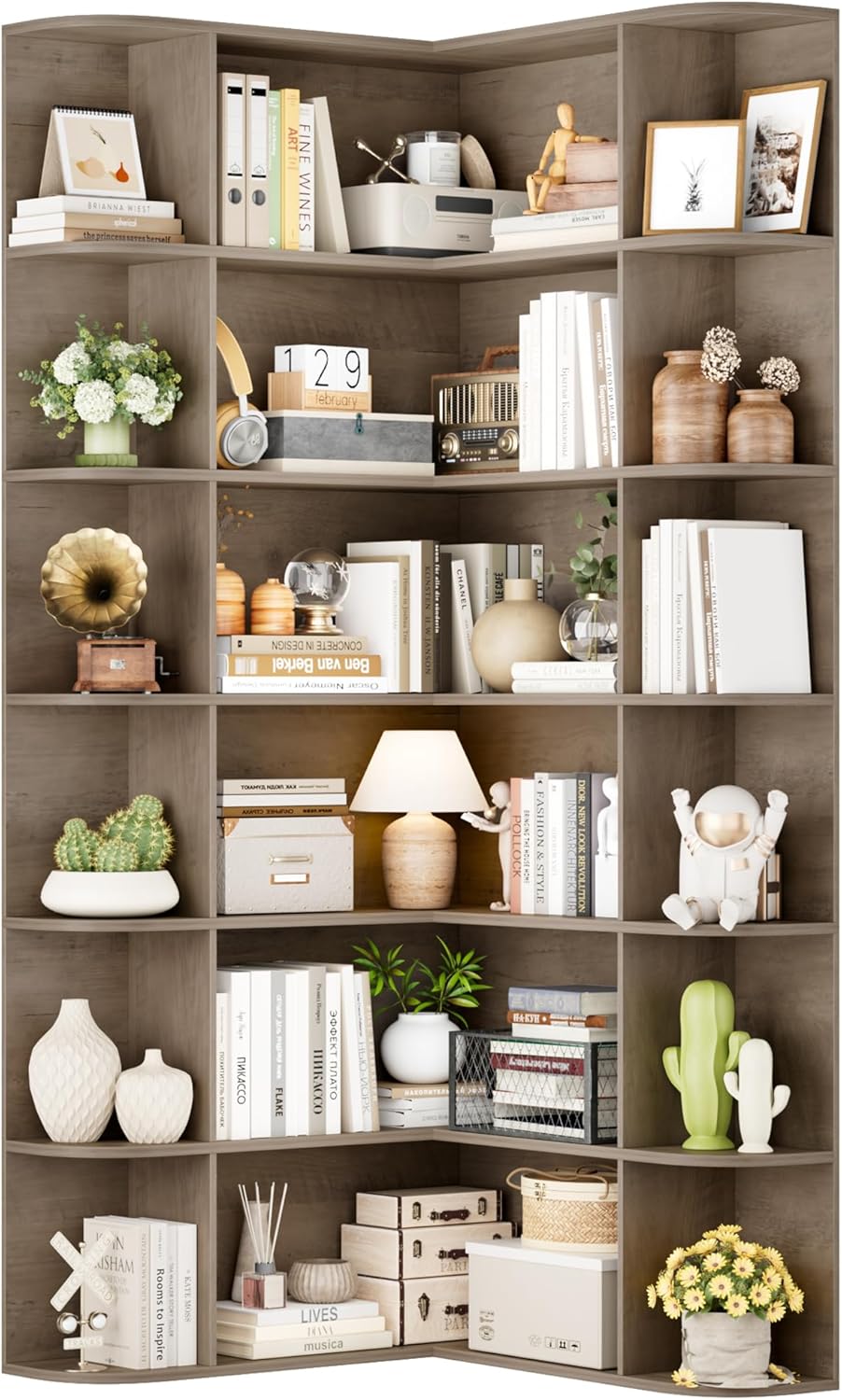FOTOSOK 72' Tall Corner Bookshelf, 6-Tier Bookshelf and Bookcase with Open Storage, Tall Bookcases Wooden Storage Shelves for Home Office, Thickened Boards for Better Load Bearing, Vintage Grey