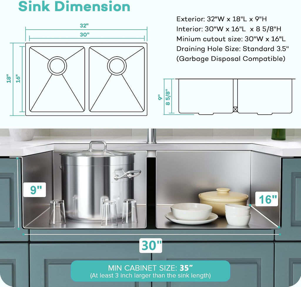 Rhbamoa 32 Inch Double Bowl Kitchen Sink Undermount,16-GaugeT304 Stainless Steel Kitchen Sink,50/50 Undermount Double Sinks with Accessories,Deep Sinks with Brushed Finish,Round Corner
